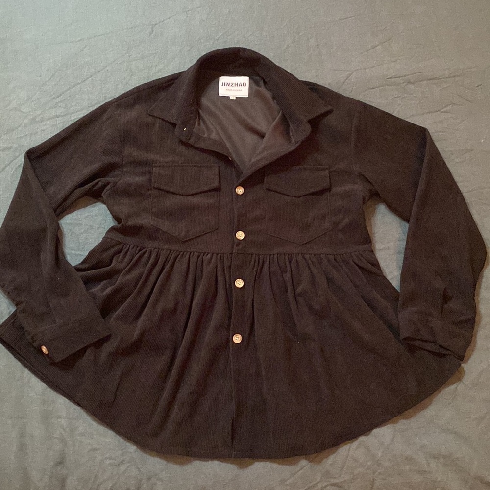 Black Peplum Babydoll Corduroy Button Up Shacket